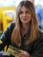 Kaitlin Olson Black Leather Jacket close-up view showing leather texture, stitching, and front details