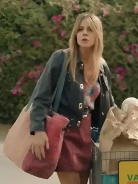 Kaitlin Olson Black Leather Jacket front view showing collar, closure, pockets, and black leather design