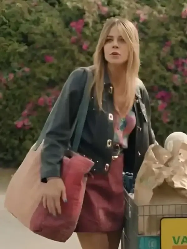 Kaitlin Olson Black Leather Jacket front view showing collar, closure, pockets, and black leather design