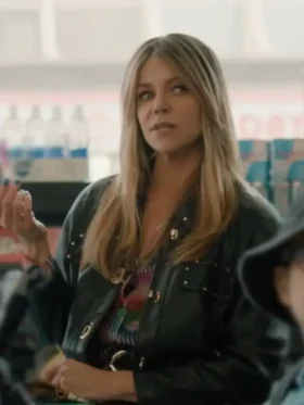 Kaitlin Olson Black Leather Jacket view look showing black leather texture, collar, and clean fit