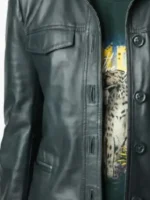 High Potential S01 Daphne Leather Jacket closure view showing front fastening, stitching, and leather texture