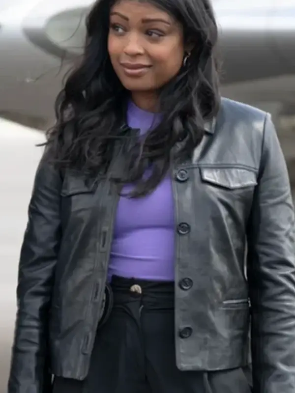 High Potential S01 Daphne Leather Jacket front view showing collar, closure, pockets, and leather design