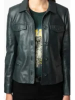 High Potential S01 Daphne Leather Jacket view look showing leather texture, collar, and clean fit