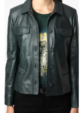 High Potential S01 Daphne Leather Jacket view look showing leather texture, collar, and clean fit