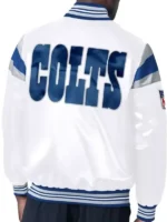 Indianapolis Colts White Satin Jacket back view showing rear panel construction and white satin finish