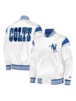 Indianapolis Colts White Satin Jacket both side view showing full silhouette and satin construction