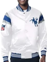 Indianapolis Colts White Satin Jacket front view showing full silhouette and clean white satin finish