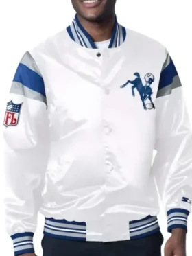 Indianapolis Colts White Satin Jacket front view showing full silhouette and clean white satin finish
