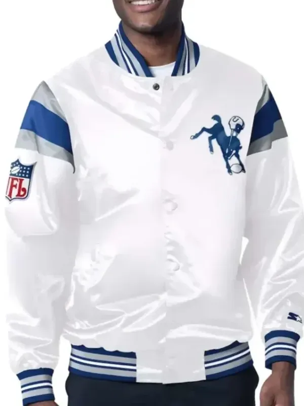 Indianapolis Colts White Satin Jacket front view showing full silhouette and clean white satin finish