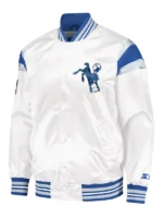 Indianapolis Colts White Satin Jacket side look showing sleeve length and white satin profile