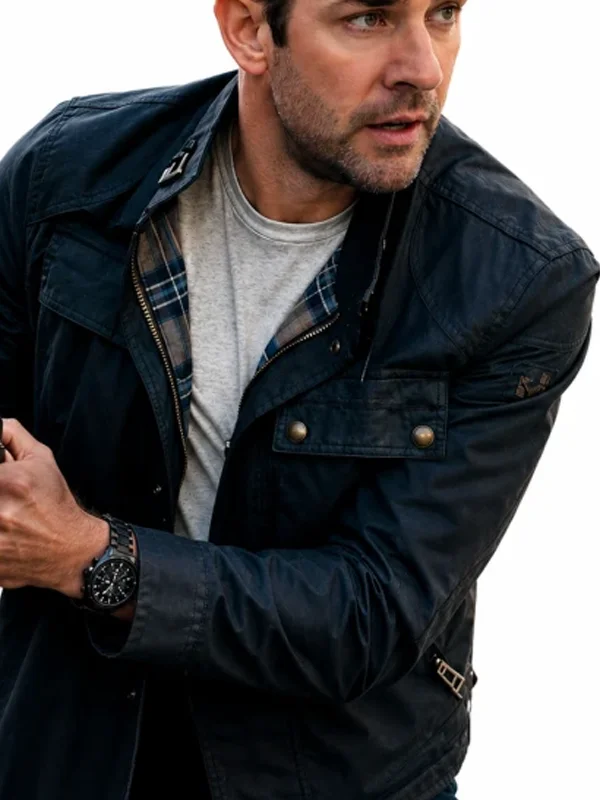 Jack Ryan Ghost War Black Jacket front view showing collar, closure, and black jacket design