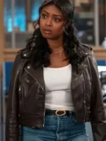 Javicia Leslie Brown Leather Biker Jacket front view showing collar, closure, and brown leather design