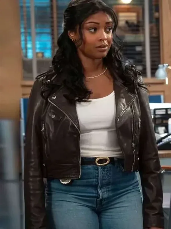 Javicia Leslie Brown Leather Biker Jacket view look showing brown leather texture and biker style