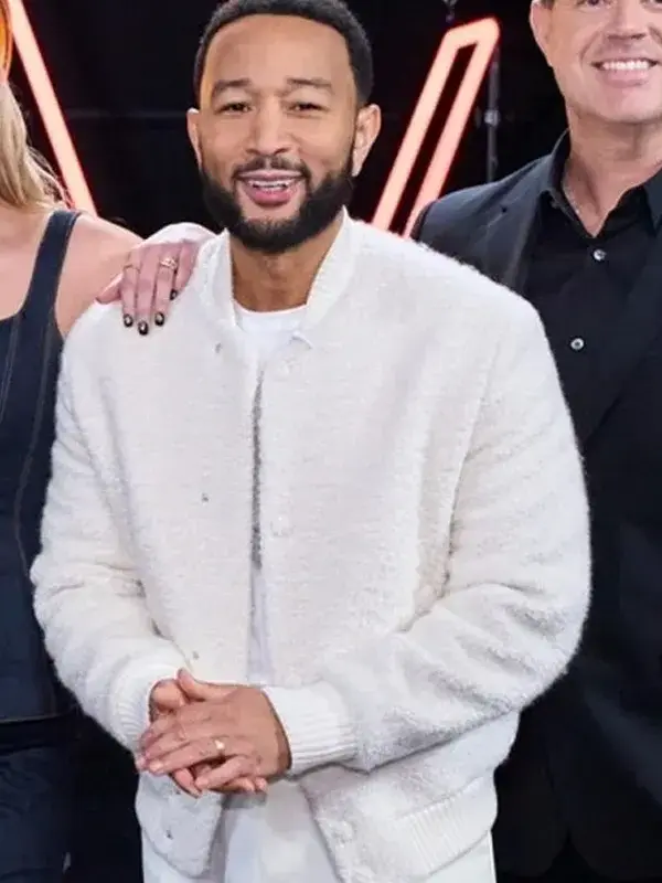 John Legend Brandon Boucle Bomber Jacket Front John Legend Brandon Boucle Bomber Jacket front view featuring boucle texture and bomber jacket design