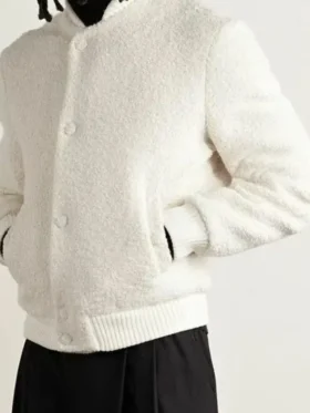 John Legend Brandon Boucle Bomber Jacket side view showing textured boucle fabric and rib knitted details