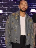 John Legend Grey Embellished Jacket close-up view showing embellishment, stitching, and fabric texture