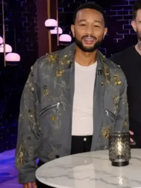 John Legend Grey Embellished Jacket closure view showing fastening detail, embellishment, and stitching
