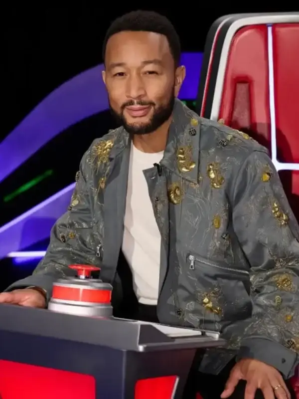 John Legend Grey Embellished Jacket front view showing embellishment, closure, and jacket structure
