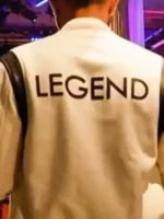John Legend White Varsity Jacket back close-up showing rear texture, stitching, and varsity jacket detail