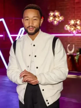 John Legend White Varsity Jacket front view showing collar, closure, pockets, and varsity jacket design