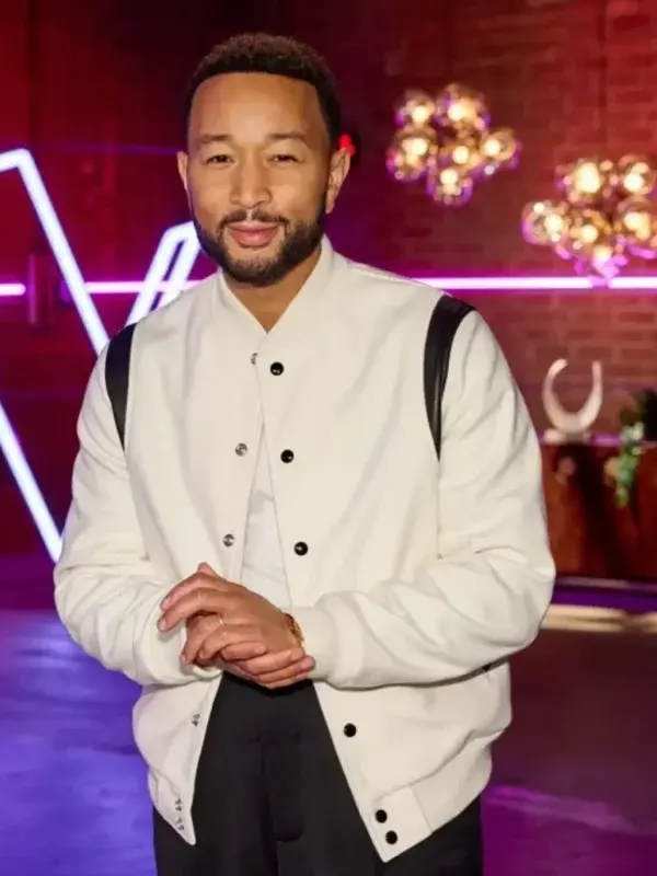 John Legend White Varsity Jacket Front View John Legend White Varsity Jacket front view showing collar, closure, pockets, and varsity jacket design