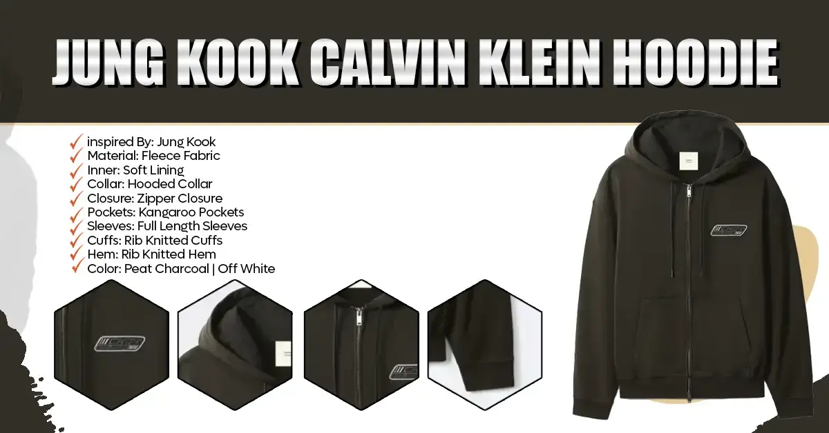 Black Fleece Zipper Hoodie Specification Sheet with Inset Hexagon Close Ups for Hood Lining and Ribbed Cuffs