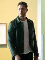 Tracker S03 Justin Hartley Green Leather Jacket close up