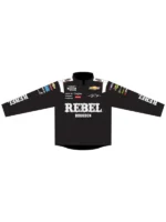 Kyle Busch Rebel Bourbon Uniform Jacket front view showing collar, closure, patches, and racing design