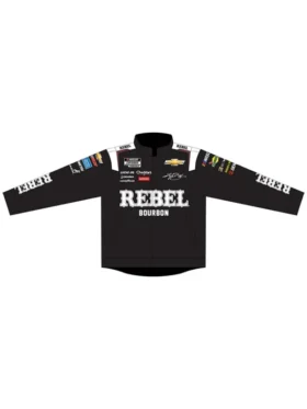 Kyle Busch Rebel Bourbon Uniform Jacket front view showing collar, closure, patches, and racing design
