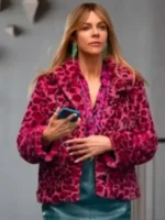 Kaitlin Olson Pink Leopard Print Jacket front view showing pink leopard print, closure, and jacket design