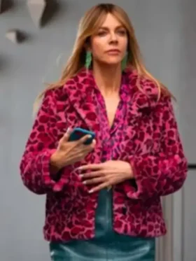 Kaitlin Olson Pink Leopard Print Jacket front view showing pink leopard print, closure, and jacket design