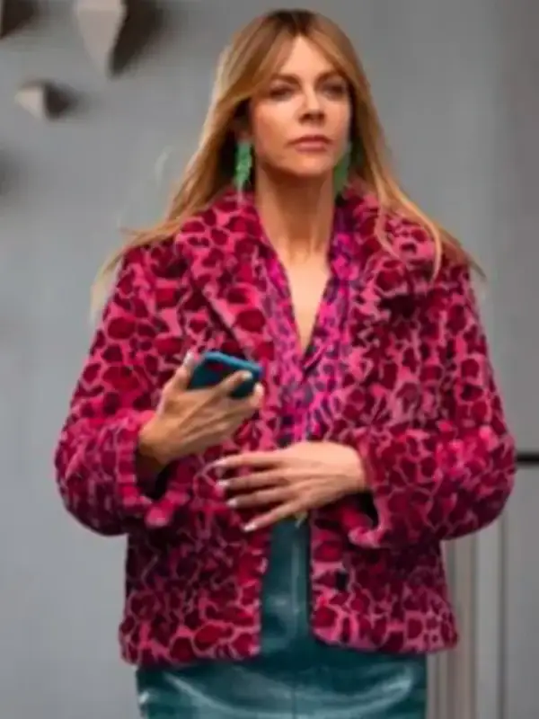 Kaitlin Olson Pink Leopard Print Jacket front view showing pink leopard print, closure, and jacket design