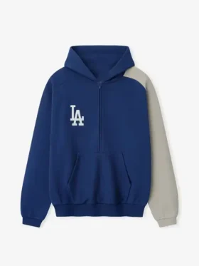 LA Dodgers Fear of God Half-Zip Hoodie front view showing half-zip closure, hood, and clean fit