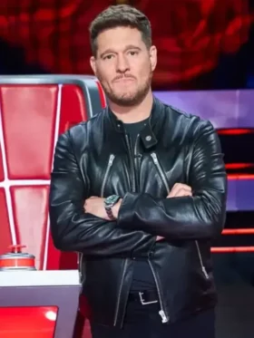 Michael Buble Black Leather Jacket front view showing collar, closure, pockets, and black leather design