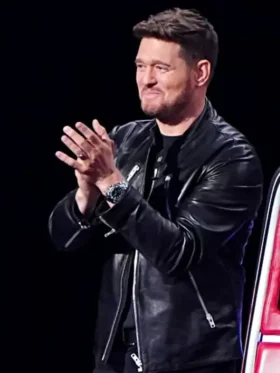 Michael Buble Black Leather Jacket side view showing black leather finish, sleeve shape, and jacket fit