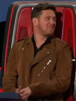 Michael Buble Brown Leather Jacket close-up view showing leather texture, stitching, and jacket details