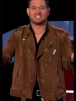 Michael Buble Brown Leather Jacket closure view showing front fastening, stitching, and brown leather finish