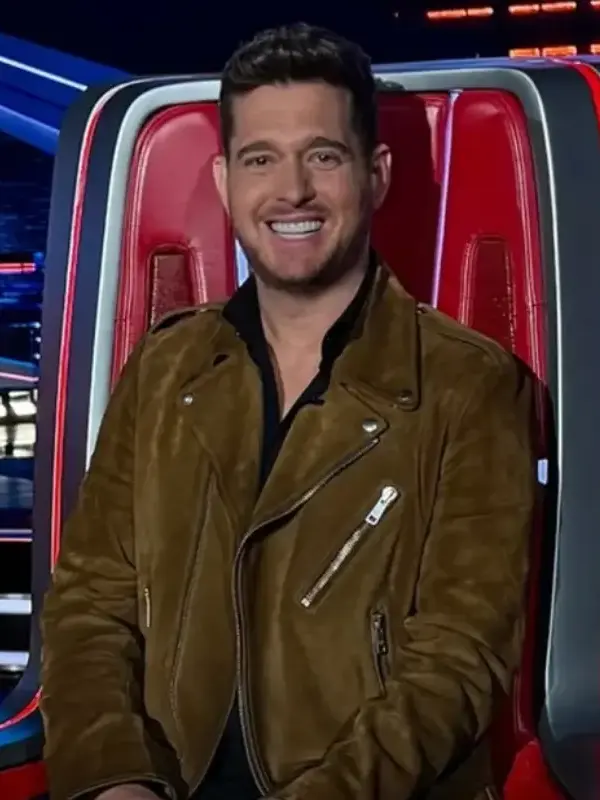Michael Buble Brown Leather Jacket Front View Michael Buble Brown Leather Jacket front view showing collar, closure, pockets, and brown leather design