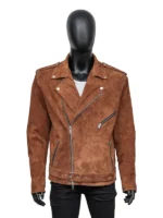 Michael Buble Brown Leather Jacket view look showing brown leather texture, collar, and clean fit