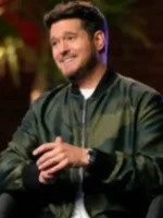Michael Buble Camo Bomber Jacket front view showing camo print, collar, closure, and sleeve details