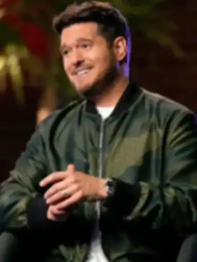 Michael Buble Camo Bomber Jacket front view showing camo print, collar, closure, and sleeve details