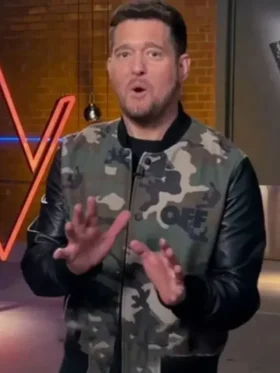 Michael Bublé Camouflage Print Bomber Jacket view design showing camouflage pattern and bomber shape