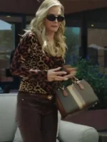 Michelle Pfeiffer Leopard Print Cardigan front view showing leopard print, neckline, and cardigan design