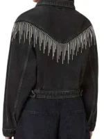 Morgan Gillory Fringe Denim Jacket back view showing rear fringe details, denim texture, and jacket fit
