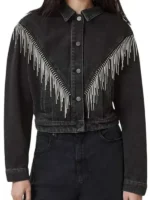 Morgan Gillory Fringe Denim Jacket view design showing denim texture, fringe details, and jacket shape