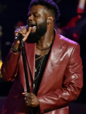 Moses G Maroon Leather Blazer front view showing lapel, closure, sleeves, and maroon leather design