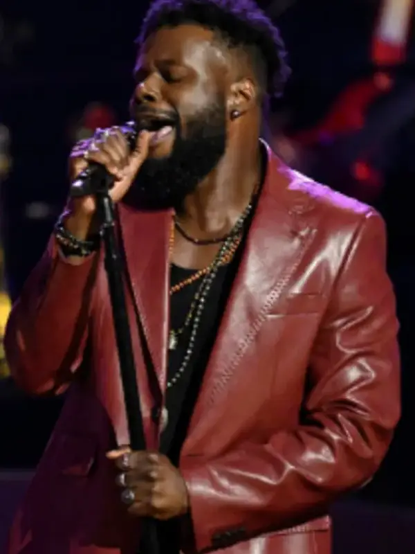 Moses G Maroon Leather Blazer front view showing lapel, closure, sleeves, and maroon leather design