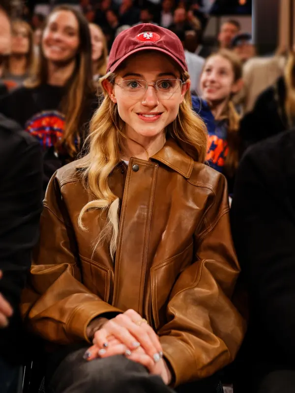 Natalia Dyer Knicks Game Brown Leather Jacket Natalia Dyer Knicks Game Brown Leather Jacket front view