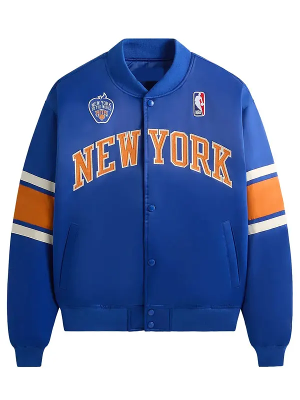 New York Knicks Patrick Ewing Blue Varsity Jacket front view