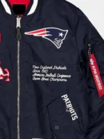 PATRIOTS X ALPHA X NEW ERA MA-1 BOMBER JACKET CLOSE-UP VIEW